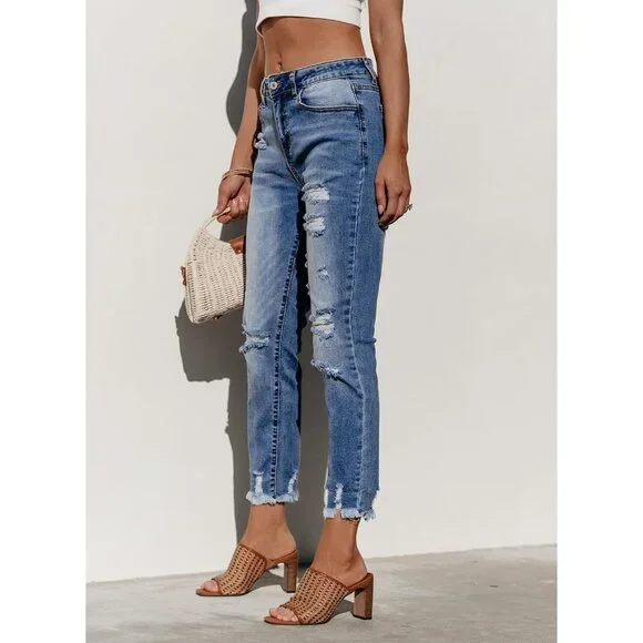 Women's Distressed Straight Leg Boyfriend Jeans Denim Spring Summer - Picture 2 of 6